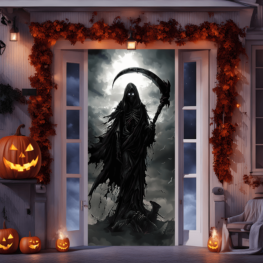 Home Bargains - El Grim Reaper sostiene una cortina