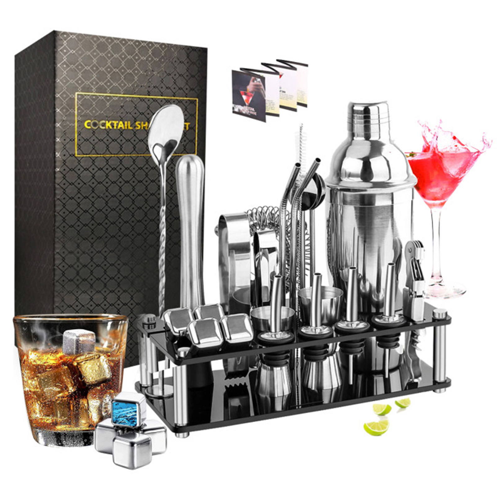 Cocktail Recipe Book - Juego de coctelera de acero inoxidable,